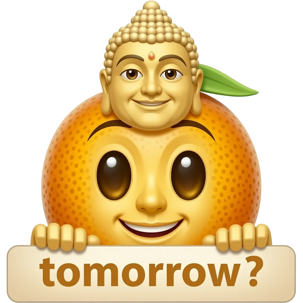 Buddha kumquat holding sign saying “tomorrow?” emoji