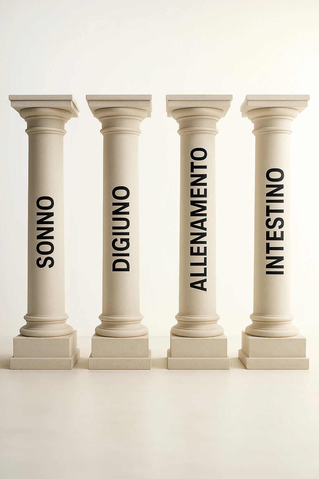 5 pilastri con le scritte "SONNO", "DIGIUNO", "ALLENAMENTO", "INTESTINO", IMMAGINE IPERREALISTICA SFONDO CHIARO IN ITALIANO emoji