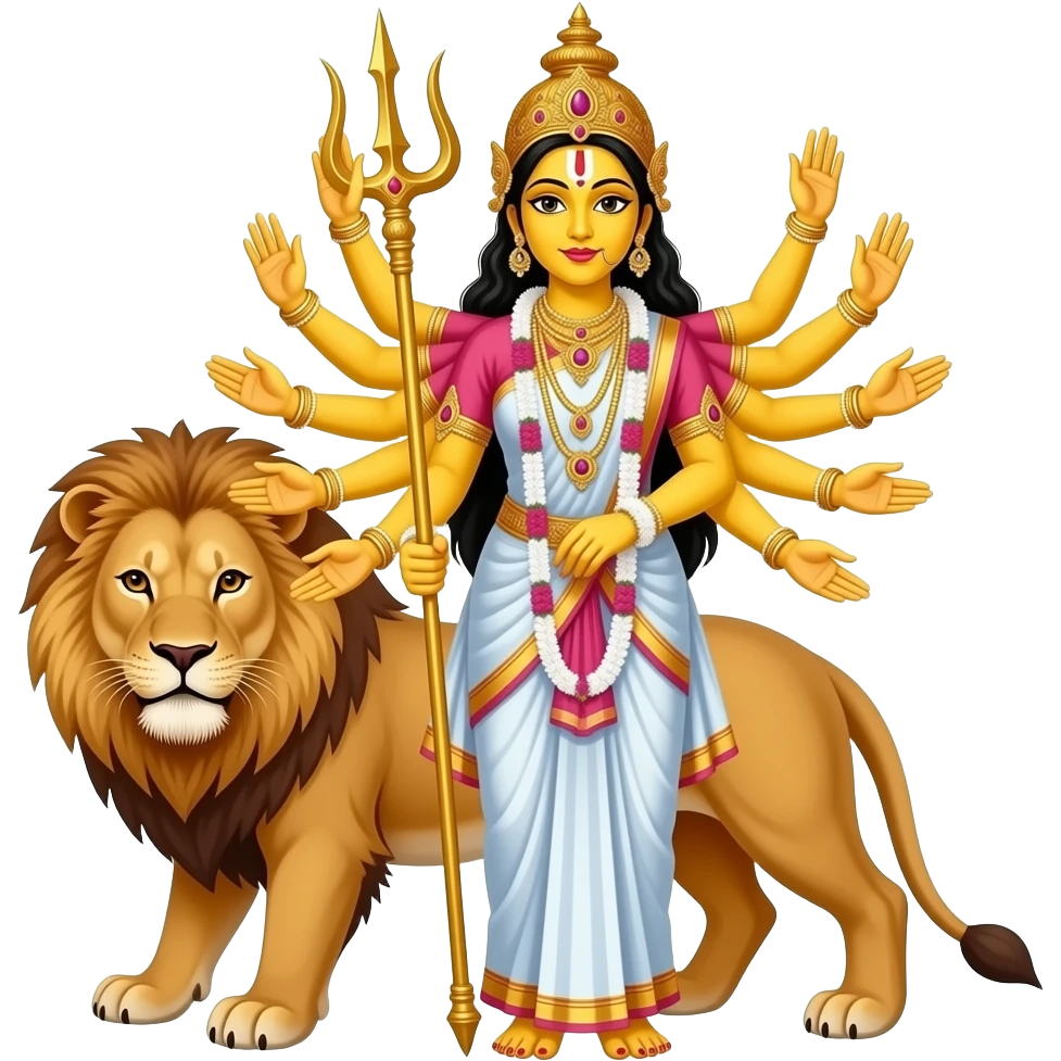 A bengali yellow skinned bride with exactly ten empty hands standing beside a lion with ALL hands in front and her very two front arms should hold a mighty trident emoji