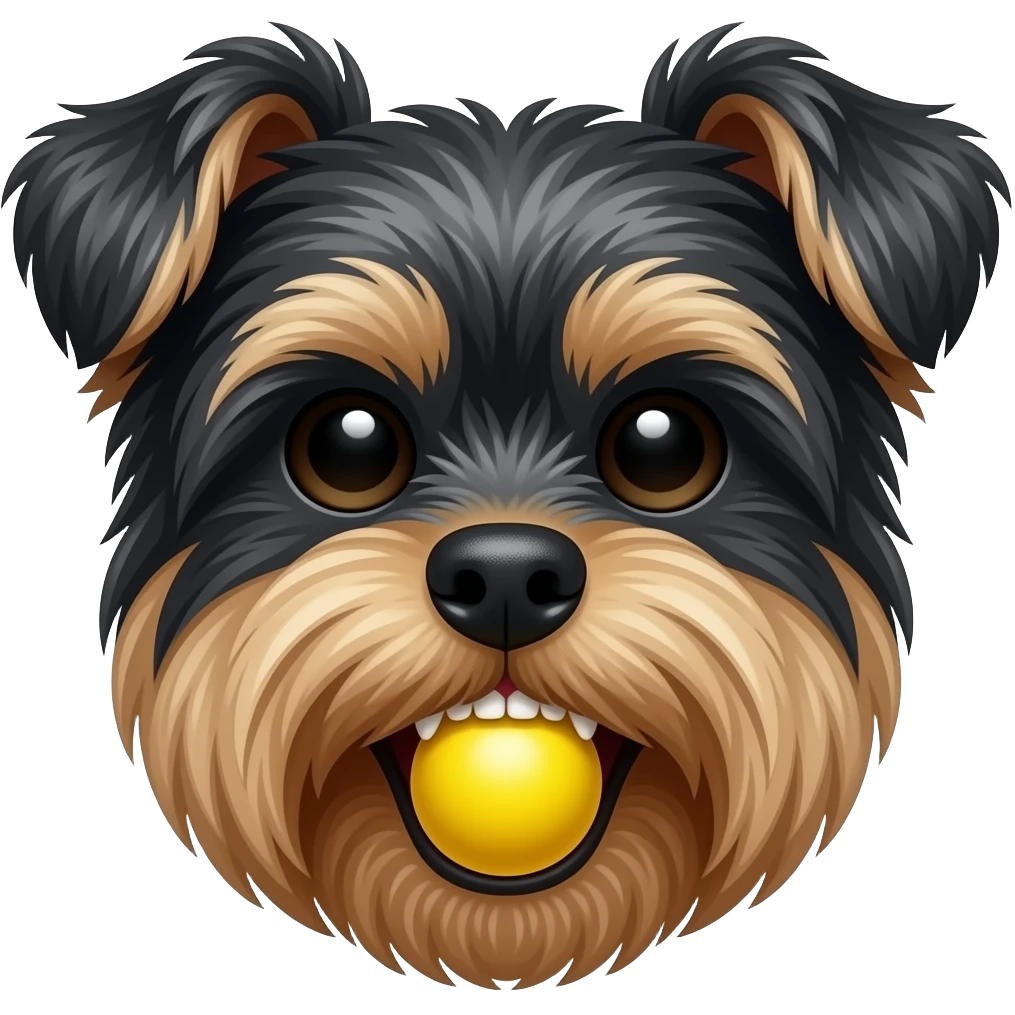 Droopy long ear black silver yorkie face with yellow ball in mouth teeth showing emoji