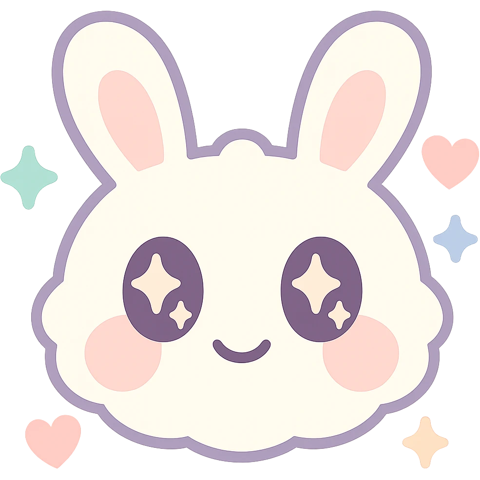 Create a kawaii chibi-style bunny emoji focusing on sparkles and hearts only, with a round fluffy face, sparkly eyes, blushing cheeks, pastel color palette, soft rounded design, anime-style. The emoji should have a transparent background and be vector art. emoji