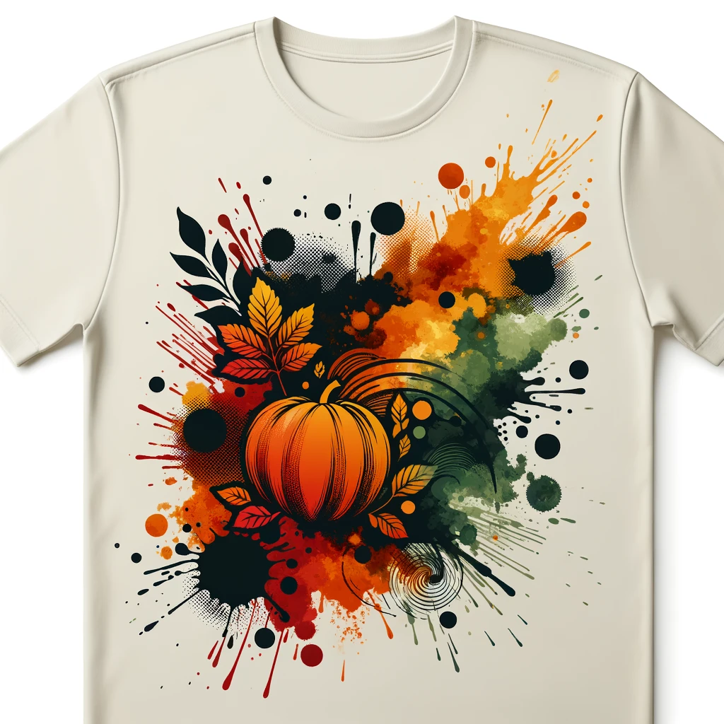 t-shirt design background, abstract irregular splash shape, warm fall colors (pumpkin orange, golden yellow, deep red, forest green), artistic ink splash effect, modern design, transparent background, isolated graphic emoji