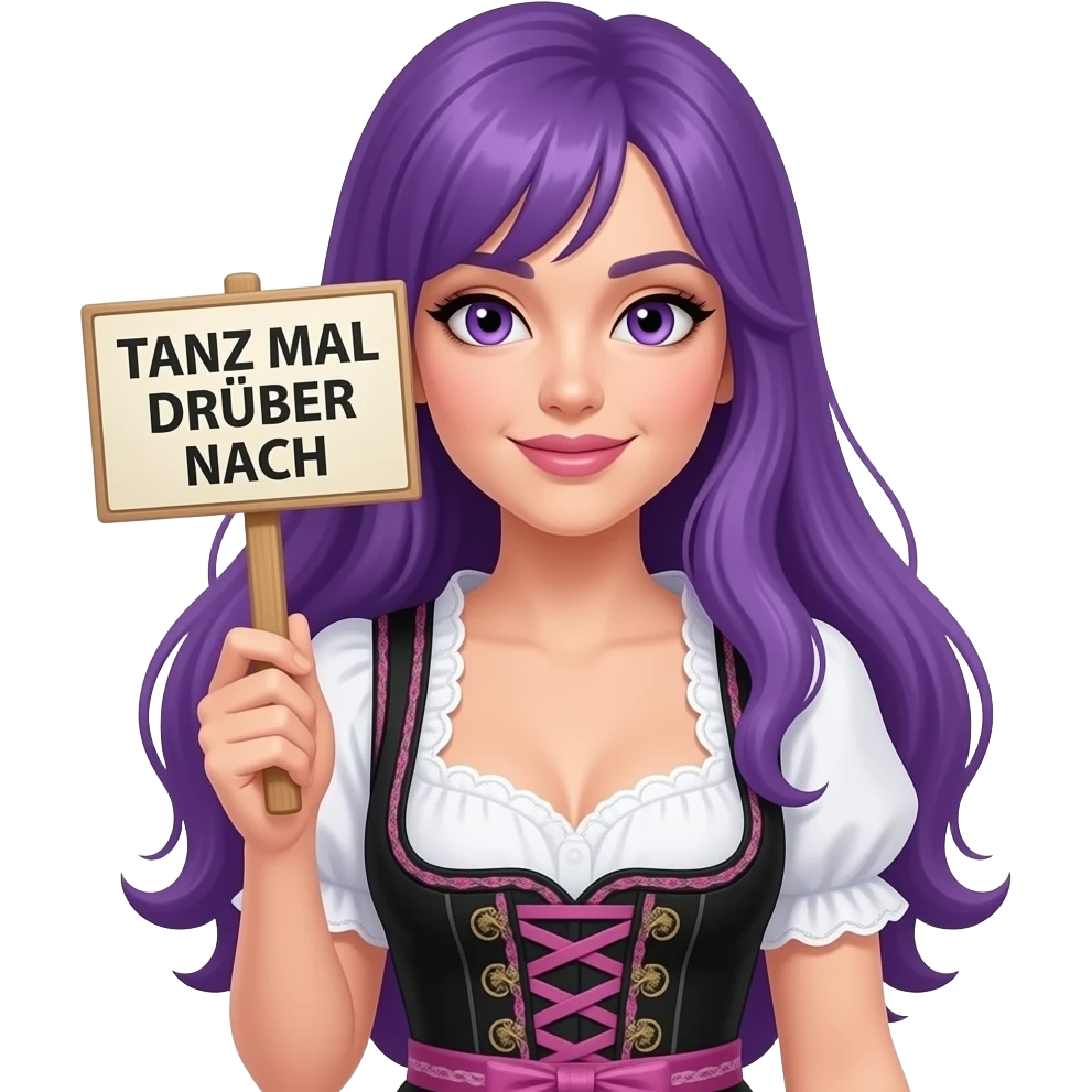 sexy girl with long purple hair and purple eyes wearing a dirndl holding a TANZ MAL DRÜBER NACH sign emoji
