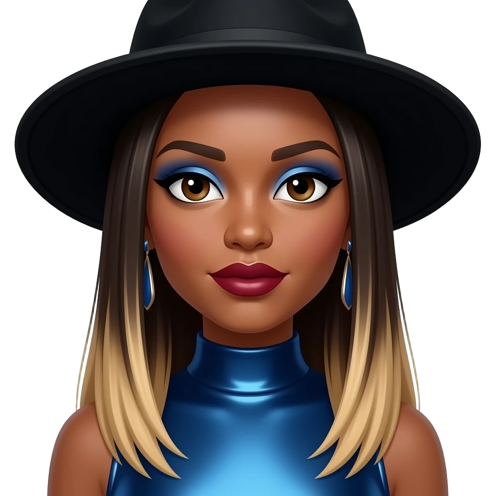 Natina Reed from Blaque with dark brown eyes, long dark brown straight hair with blonde ombre, black hat, blue eyeshadow, dark red lipstick, blue metallic high neck dress, earrings emoji