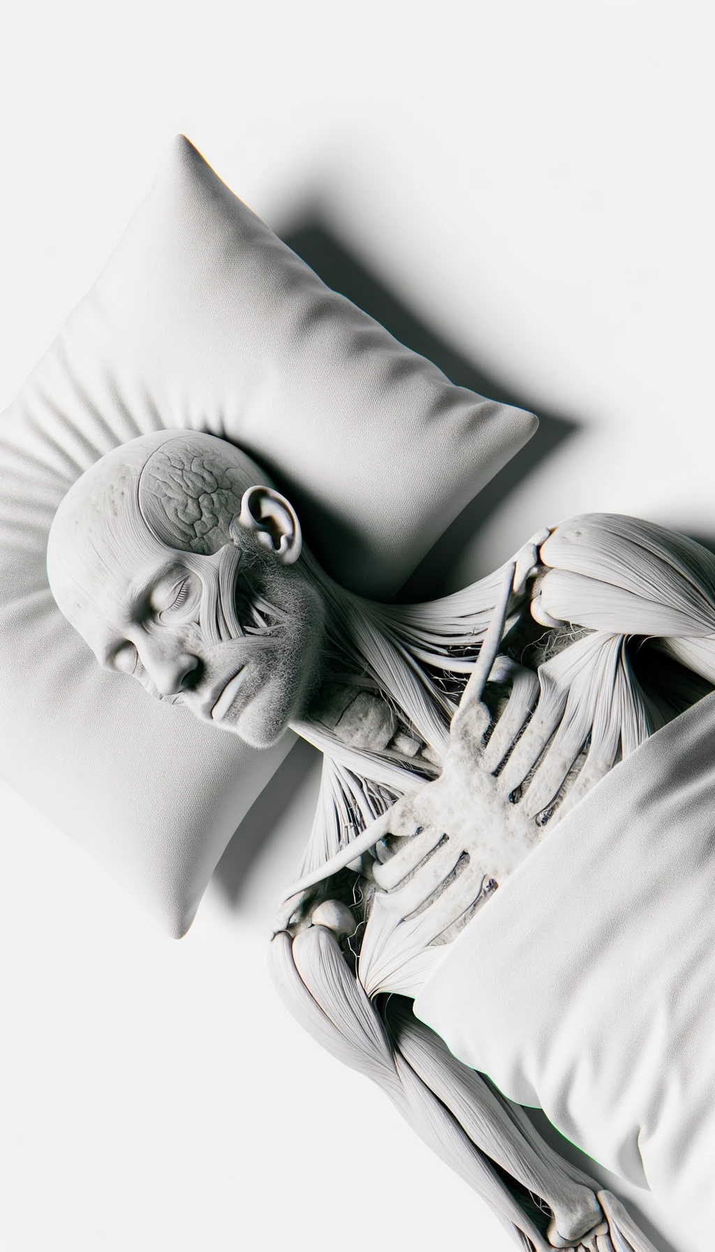 corpo umano anatomico CON TESTA SUL CUSCINO PERCHé STA DORMENDO, VISTO DALL'ALTO, ISOLATO SU SFONDO BIANCO,
 iperrealistico 4k emoji
