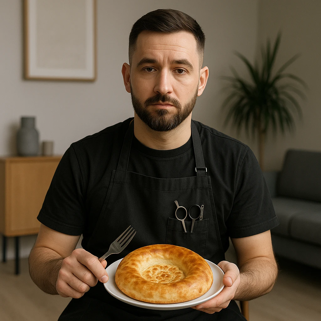 sartarosh xonada sal zamonaviy roq bulsin shunchaki tarelka v vilka ushlab utirsin tarelkada esa faqat uzbekcha non bulsin kayfiyati xam urtacha bulsin xursan bob ketmasin emoji