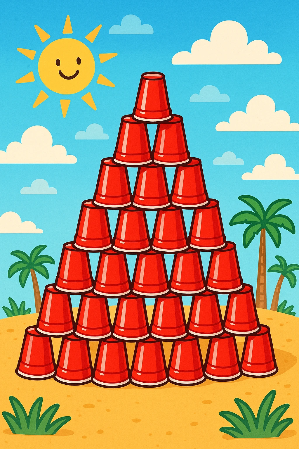 an Egyptian pyramid made out of stacked red plastic party cups, humorous emoji