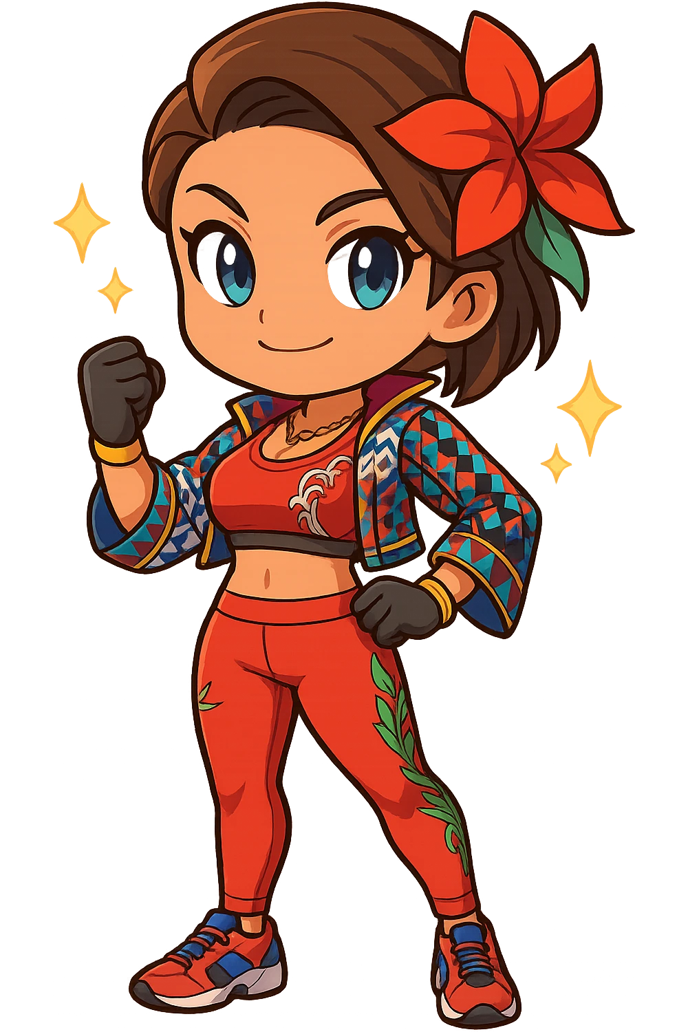 Azucena from Tekken 8 in chibi sticker style, with sparkles around her, proud pose, wearing the detailed red and patterned outfit from the reference images, designed for Twitch emote use. emoji
