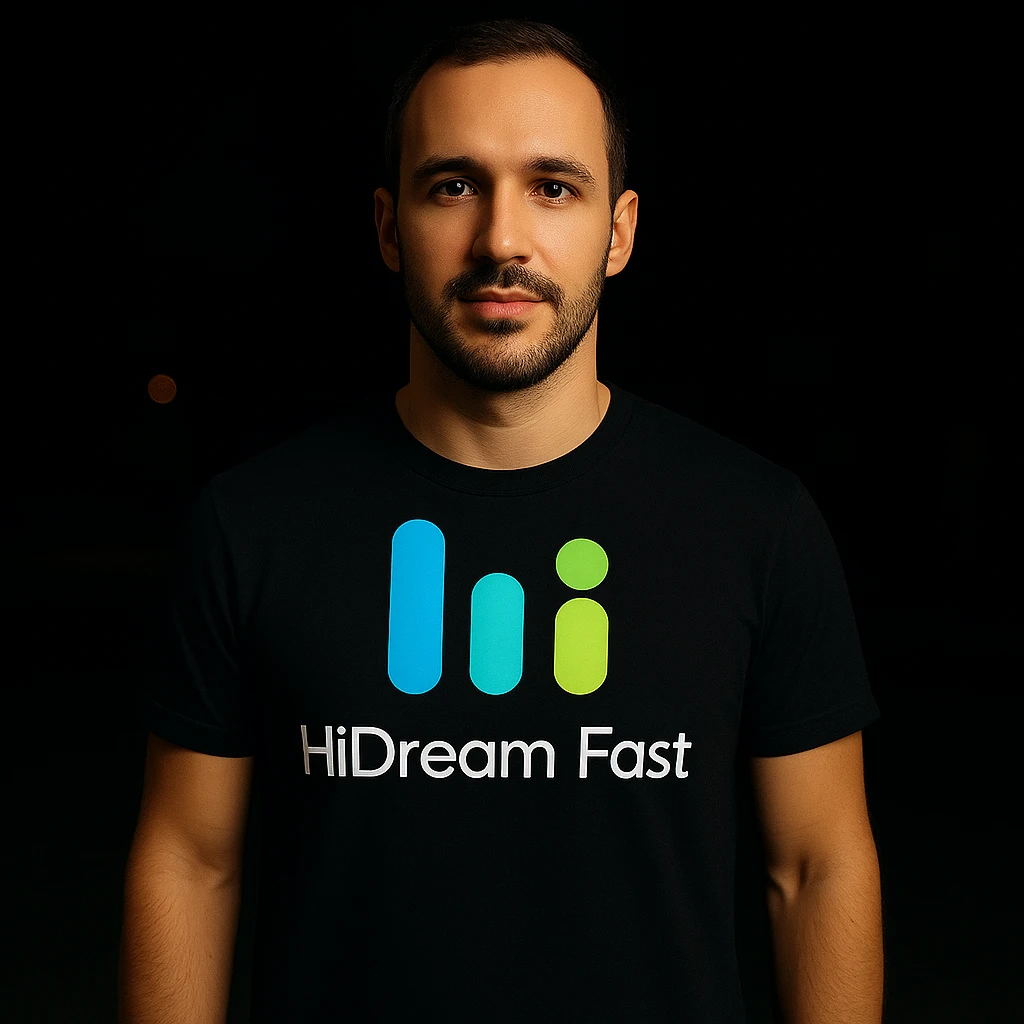 man wearing tshirt with this logo, dark night background with dim , add fast below logo, make man fit into image, add fast insead pf the dev keep rest same emoji