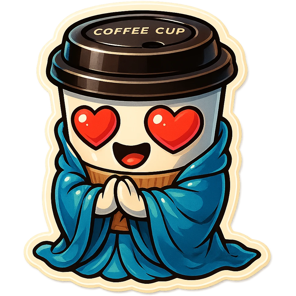 coffee cup creature, big heart eyes, big smile emoji