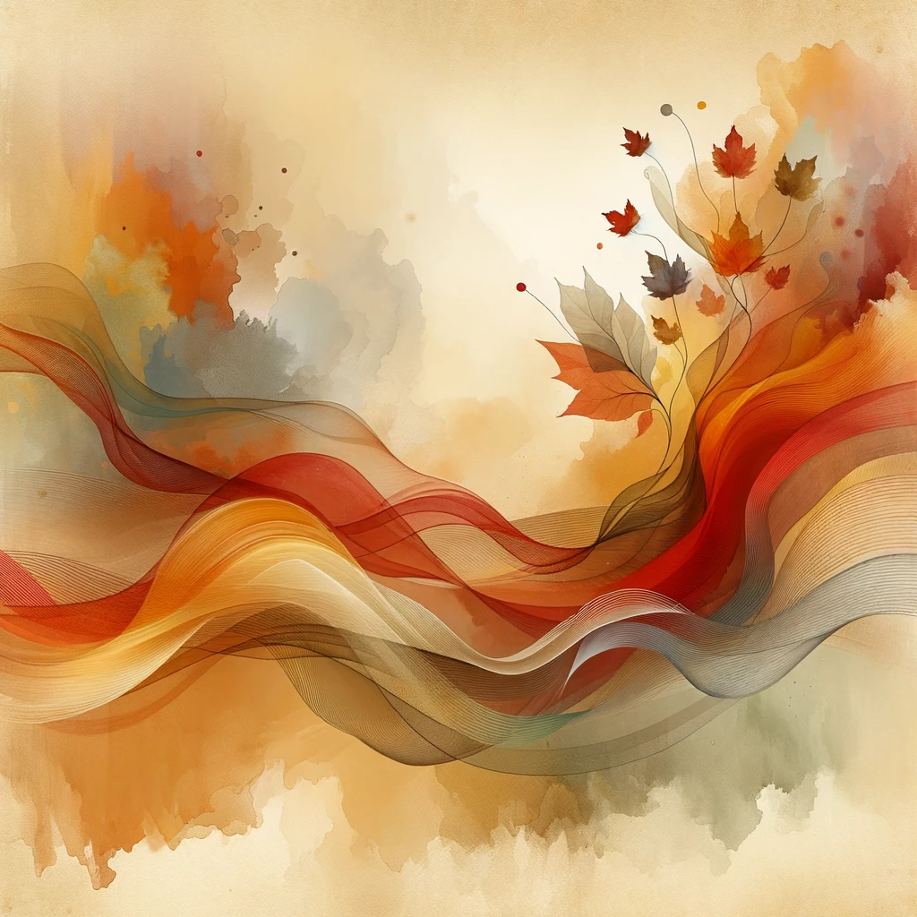 Autumn background, soft watercolor texture, warm fall color palette (orange, red, yellow, brown, beige), abstract flowing shapes, gentle gradients, artistic handmade look emoji