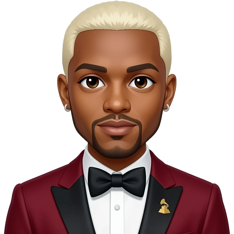 Chris Brown with dark brown eyes, white blonde buzz cut hair, dark red grammy suit with bow tie, earrings emoji