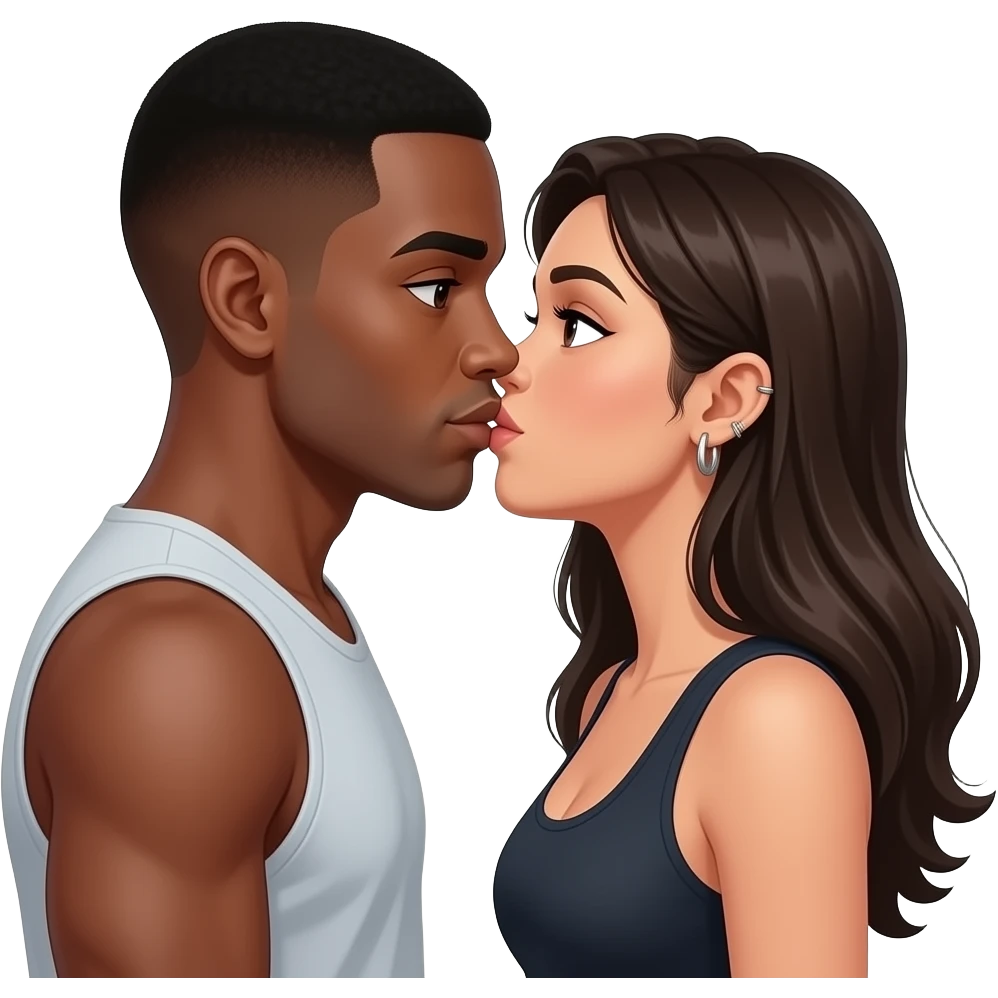 Black male with brown skin and short hair with a Columbian well built woman with look hair and prey eyes. French kissing emoji