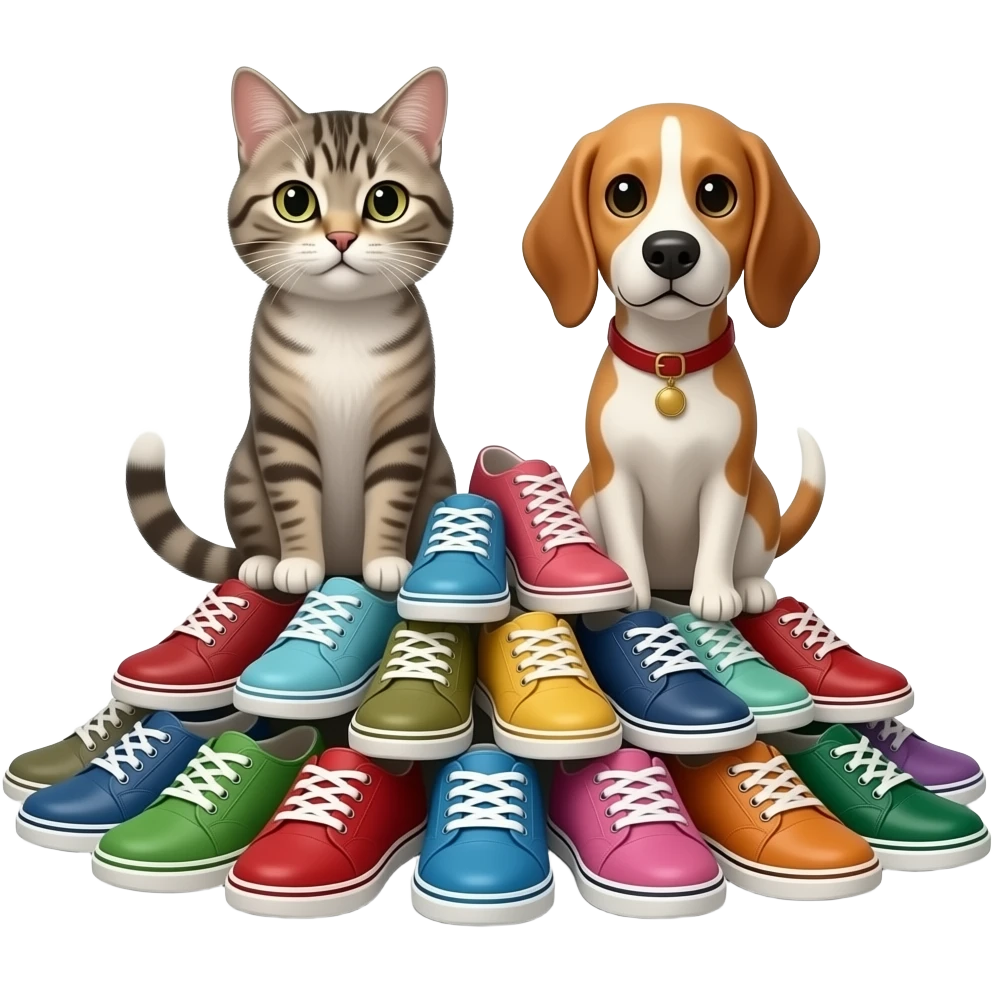 A cat and dog figjr over shoes emoji