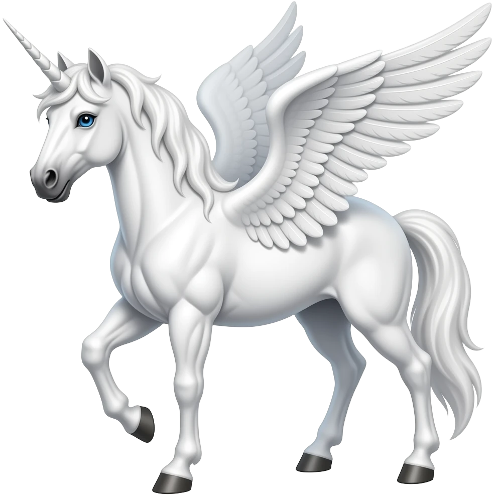 a white strong muscle pegasus stallion with wings, a very short mane and blue eyes, no unicorn emoji