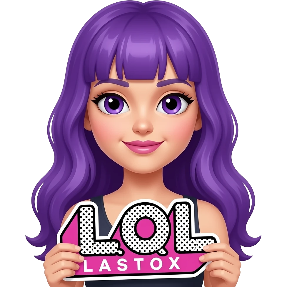 sexy girl with long purple hair and purple eyes holding a L O L sign emoji