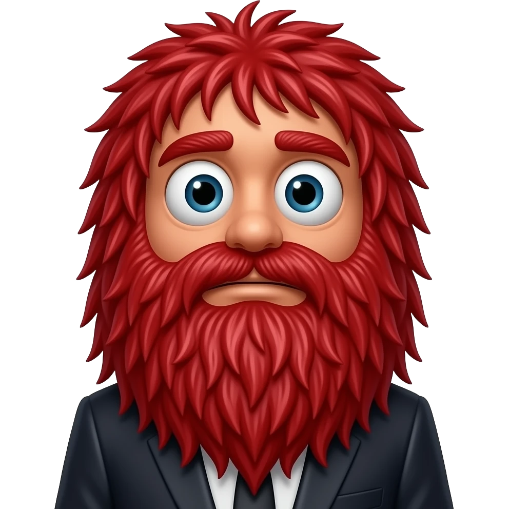 Red Guy from Don’t Hug Me I’m Scared, Red puppet like monster with long, stringy red hair covering the face, no mouth, cartoon eyes on top of his head emoji