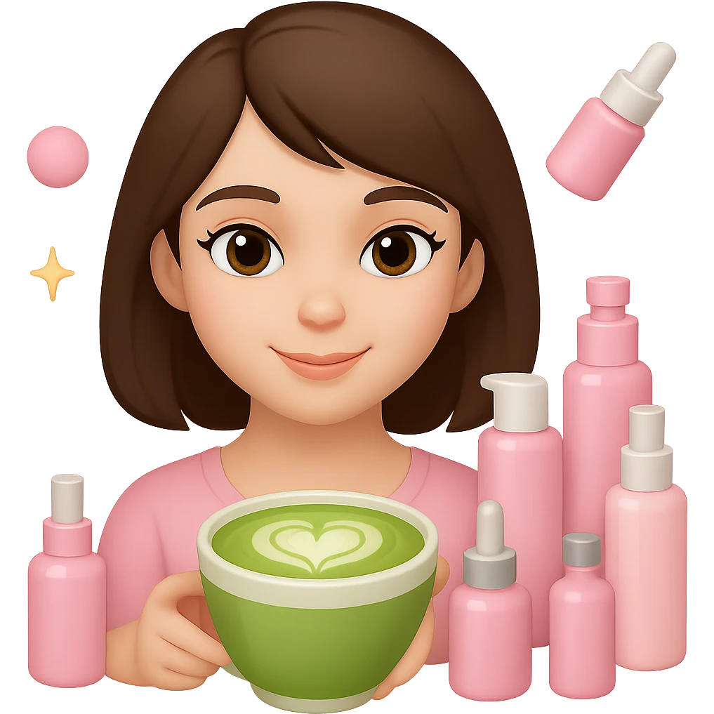 Create an Apple emoji style profile picture of a girl with short dark brown hair and brown eyes, pink soft girl aesthetic, holding a matcha latte, surrounded by pink skincare and makeup, sparkles, with a different hairstyle such as a side part or bob. The style should mimic Apple emojis with a soft and polished look. emoji