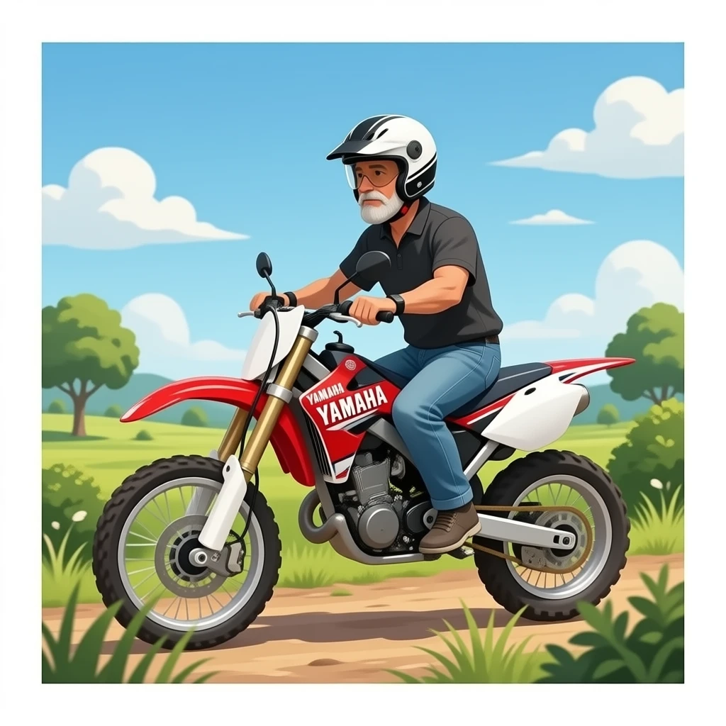 offroad Yamaha 690cc motorcycle red black & white with older man in helmet riding in bushy area emoji