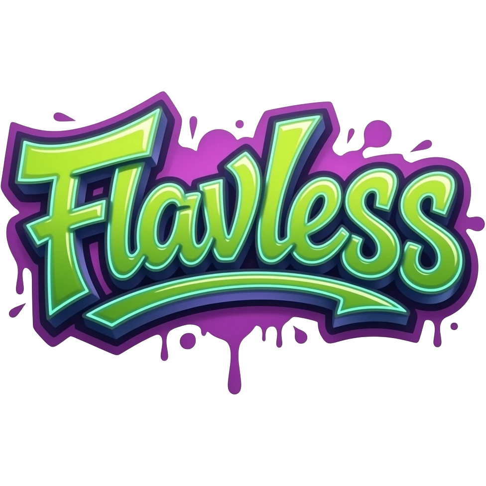 Graffity green  and purple  metálico y 3D al estilo Cyber neon write "Flavless" png background with hrome effect and gyperrealistic emoji