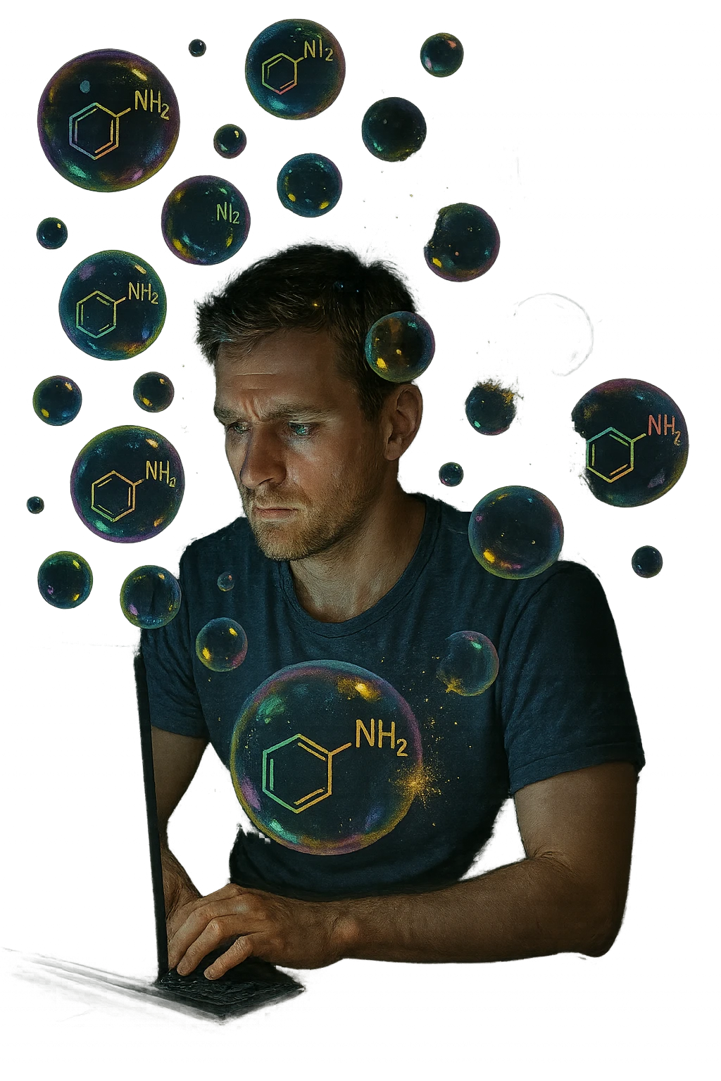 a man sits in front of a glowing screen, with colorful, artificial-looking dopamine molecules floating around his head like soap bubbles. Some bubbles pop and disappear quickly, symbolizing fleeting pleasure. In the background, a shadowy version of the man looks unsatisfied or empty, highlighting the temporary nature of the gratification. realistica con persone vere emoji