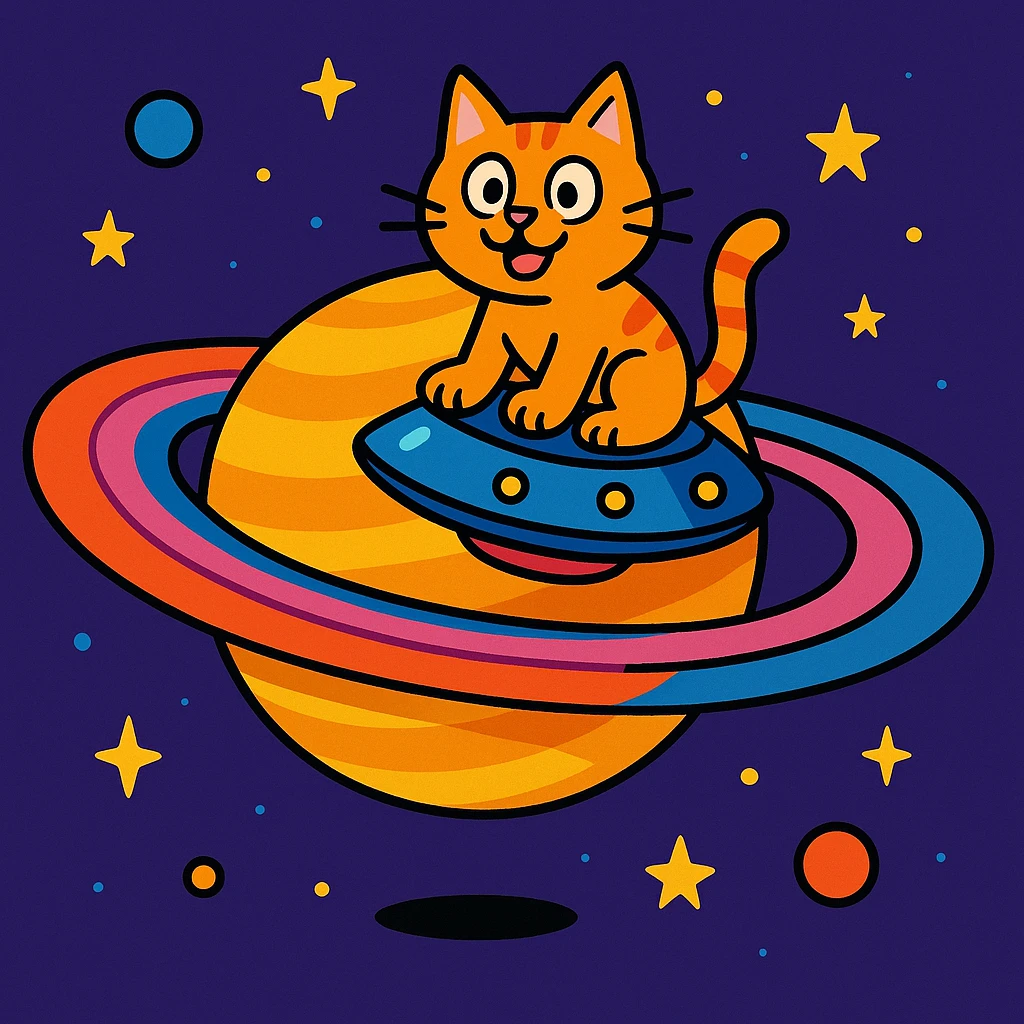 a whimsical cat riding a UFO around Saturn, colorful and fun emoji