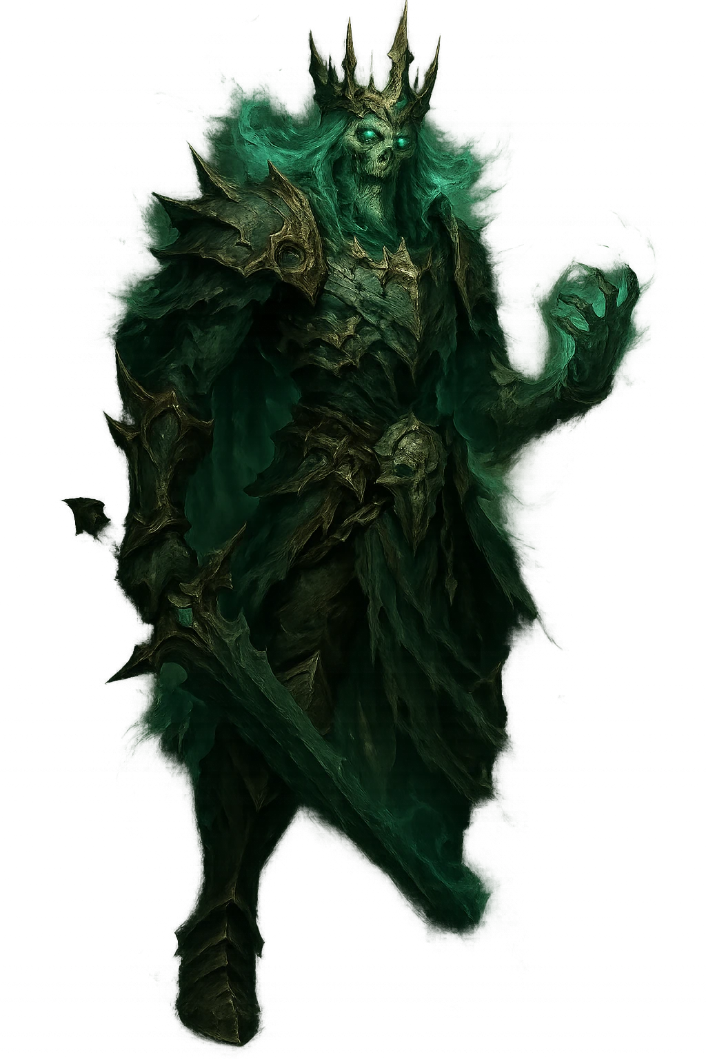 The Ruined King from League of Legends, detailed, wearing a jagged crown, ghostly green aura, fantasy character, full body, no text, emoji or icon style emoji