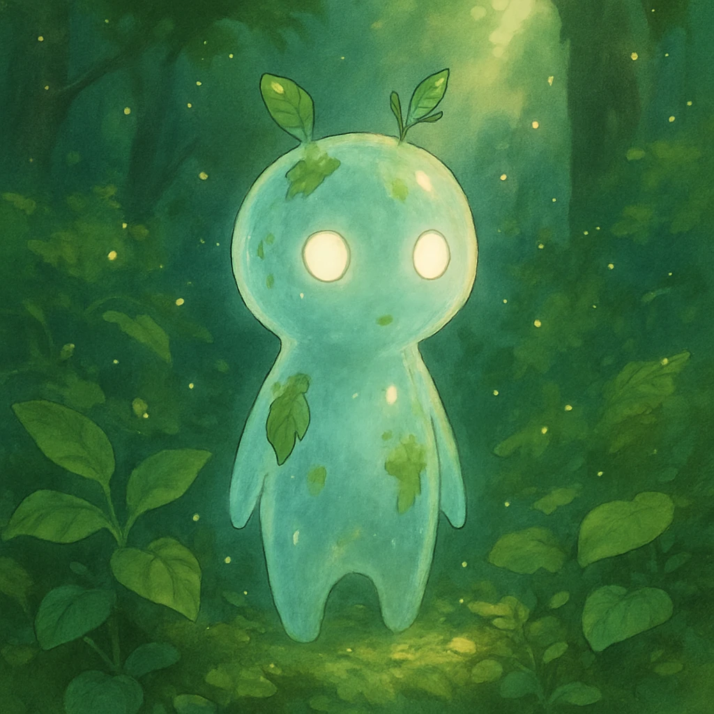 A small, ethereal forest spirit with glowing eyes, surrounded by lush green foliage. The spirit has a translucent body with nature elements like leaves and moss incorporated into its form. Magical light particles float around it, illuminating the misty forest scene in soft, dappled sunlight. emoji