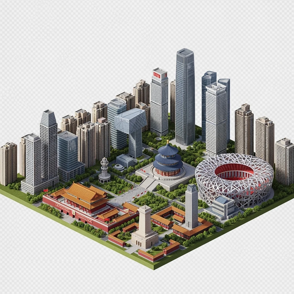 Isometric miniature of Beijing Forbidden City, Tiananmen Square, CCTV Headquarters, Temple of Heaven, China Zun skyscraper, Bird’s Nest Stadium, Beijing apartment blocks, 3D miniature effect and Tilt Shift effect, no cartoonish look, transparent background, don't cut angles emoji