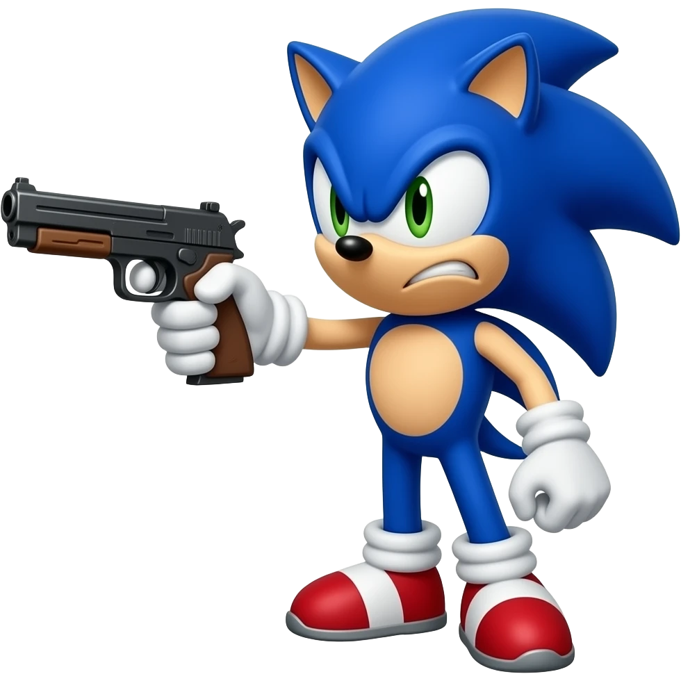 Sonic the hedgehog  holding a gun and angry, looking at it emoji