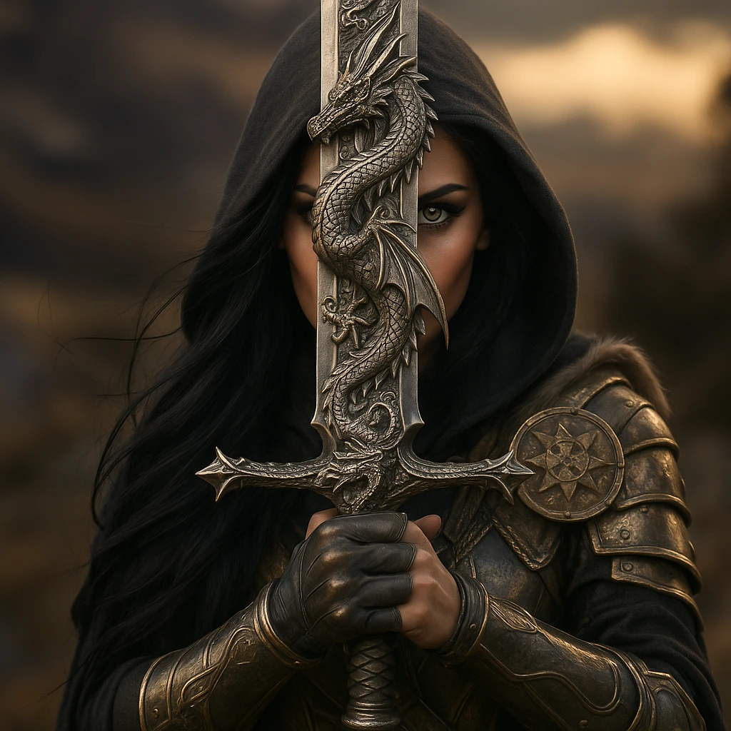 Add a detailed dragon motif to the sword, keeping a realistic metallic style. The dragon design should be intricately integrated on the hilt or blade, emphasizing realism and metallic texture. emoji