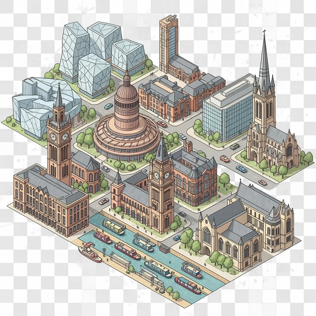 Isometric illustration of the Birmingham with iconic cities landmark, miniature slightly hand-drawn style, transparent background. emoji