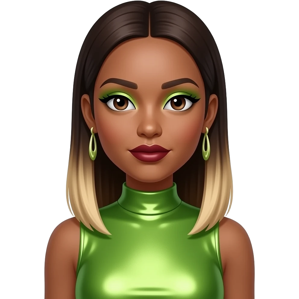 Shamari Fears from Blaque with dark brown eyes, long dark brown straight hair with blonde ombre, lime eyeshadow, dark red lipstick, lime green metallic high neck dress, earrings emoji