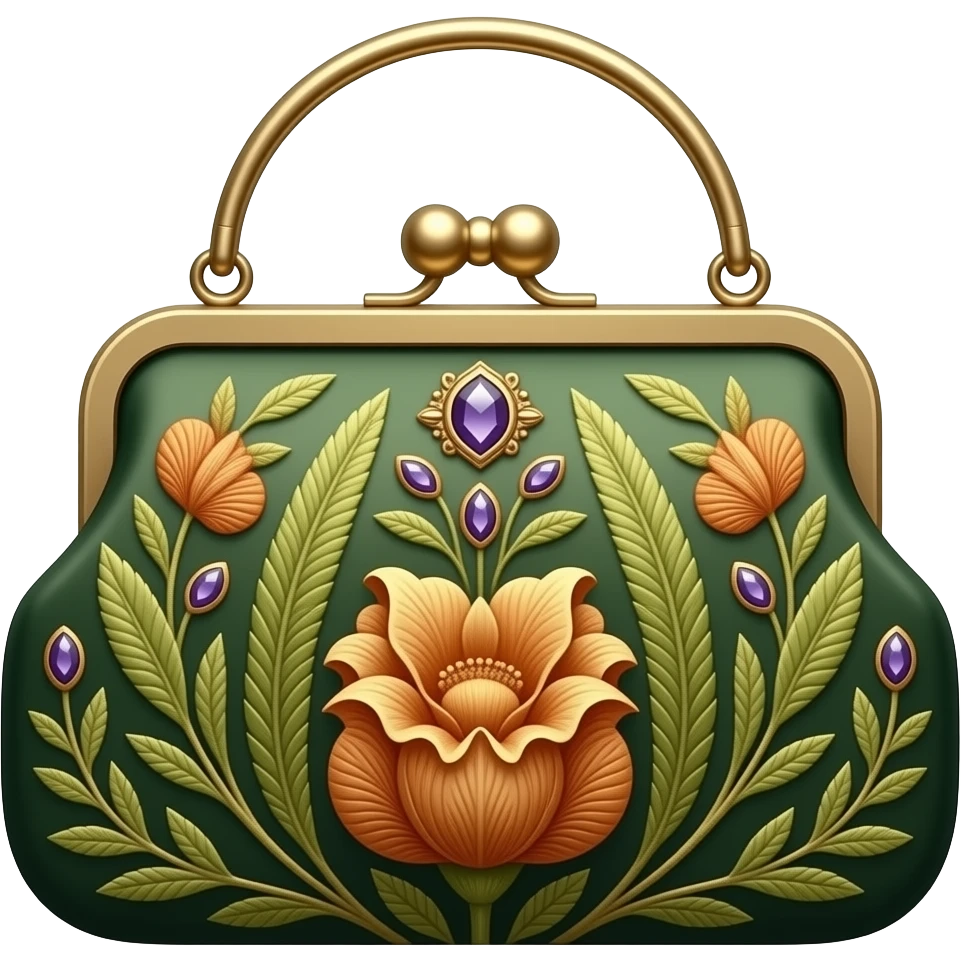 An elegant fairy handbag in deep green and warm amber-orange, adorned with botanical embroidery, delicate gold details, curved floral lines, and subtle violet gemstone accents, rendered in a sophisticated botanical fantasy style. emoji