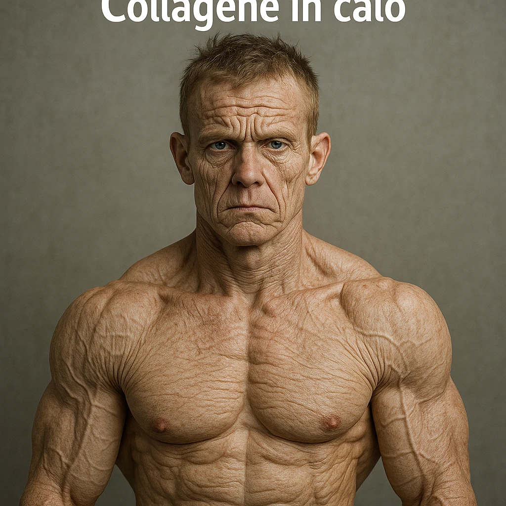 hyper realistic young bodybuilder prematurely aged due to collagen deficiency, well visible muscles, skin with marked wrinkles and loss of tone, arrows and text 'Collagene in calo', neutral atmosphere emoji