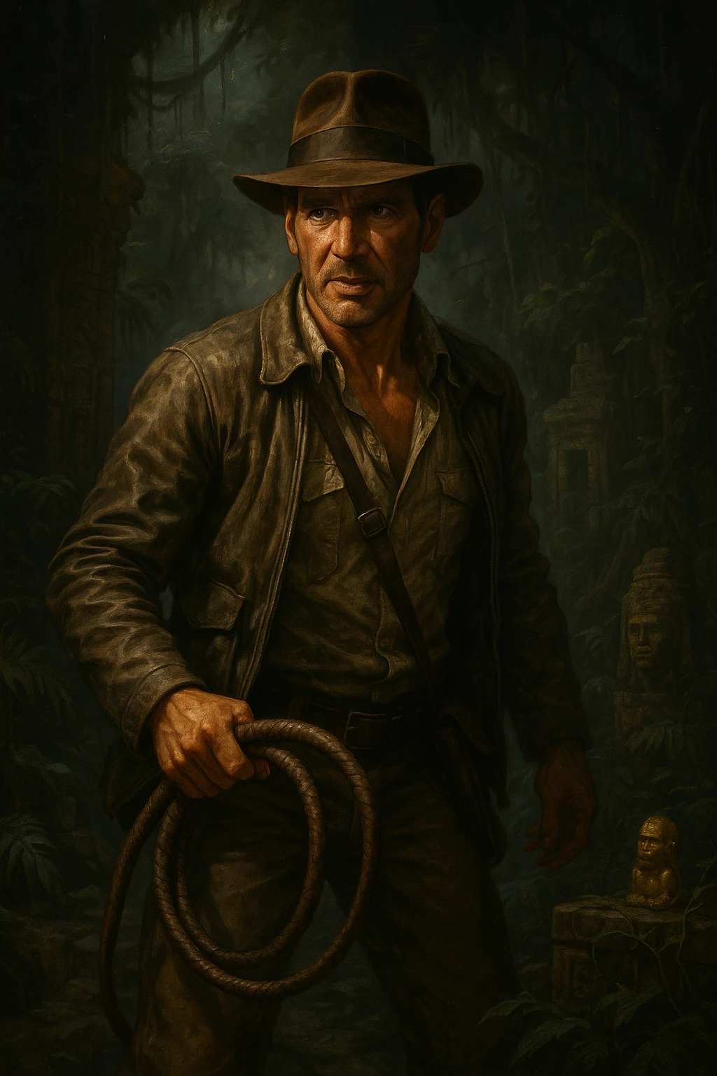 Indiana Jones, adventurous archaeologist with fedora and whip, cinematic style, dramatic lighting, detailed environment emoji