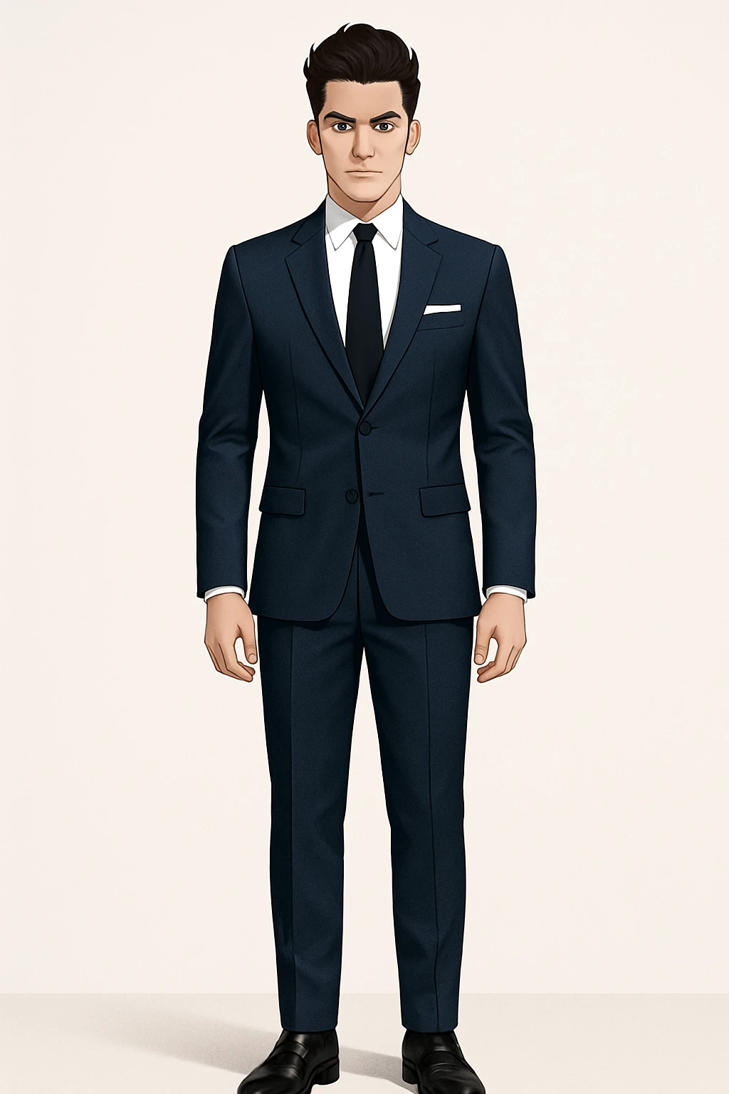 Full-body illustration of a young man, elegant hairstyle, confident, in a tailored navy blue suit, white shirt, black tie, and pocket square. Standing straight, arms relaxed at sides. Clean background, modern business style, sharp lines, consistent lighting, same character as before. emoji