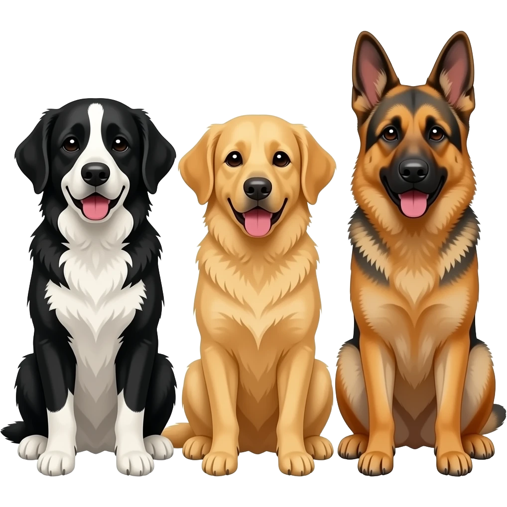 black and white golden retriever next to golden retriever  next to German Shepard emoji