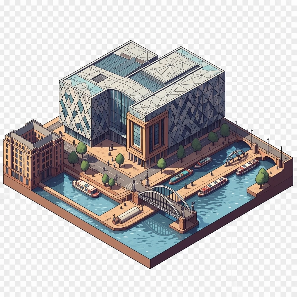 Isometric illustration-model of Birmingham, photorealistic the Library of Birmingham with its modern architecture and nearby canals, highly detailed in semi-realistic style, balanced between stylized and realistic, 3D miniature effect, transparent background. emoji