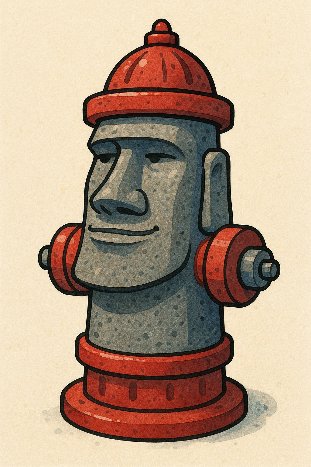 A stylized and playful stone Moyai statue with fire hydrant details, including metal caps and a red base, with the face carved into the hydrant body. emoji
