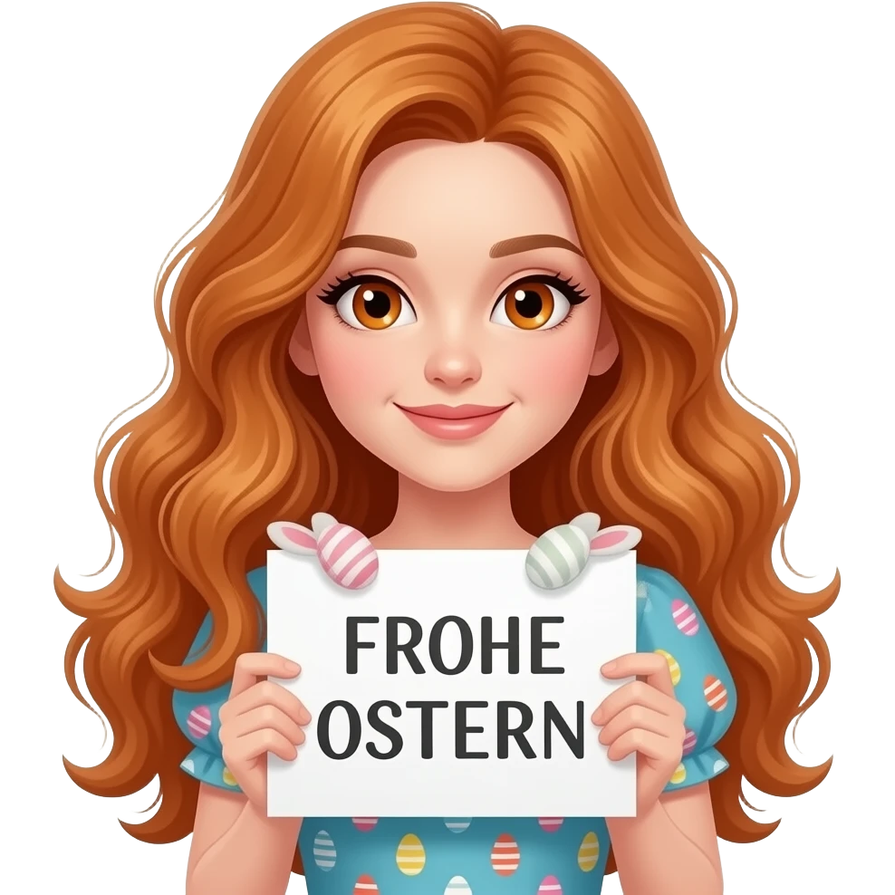 sexy girl with long wavy ginger hair and ginger eyes wearing a easter dress is holding a white colored sign with FROHE OSTERN written on it emoji