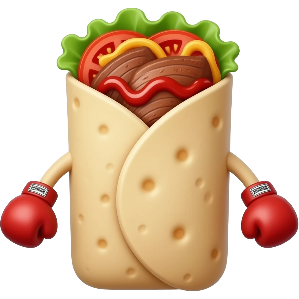 Doner kebab emoji in an open flatbread (not wrapped like a dürüm), visible filling with layered meat slices, lettuce, tomato and sauce, bread folded but open at the top, small boxing gloves, no arms or legs, clean glossy emoji style emoji