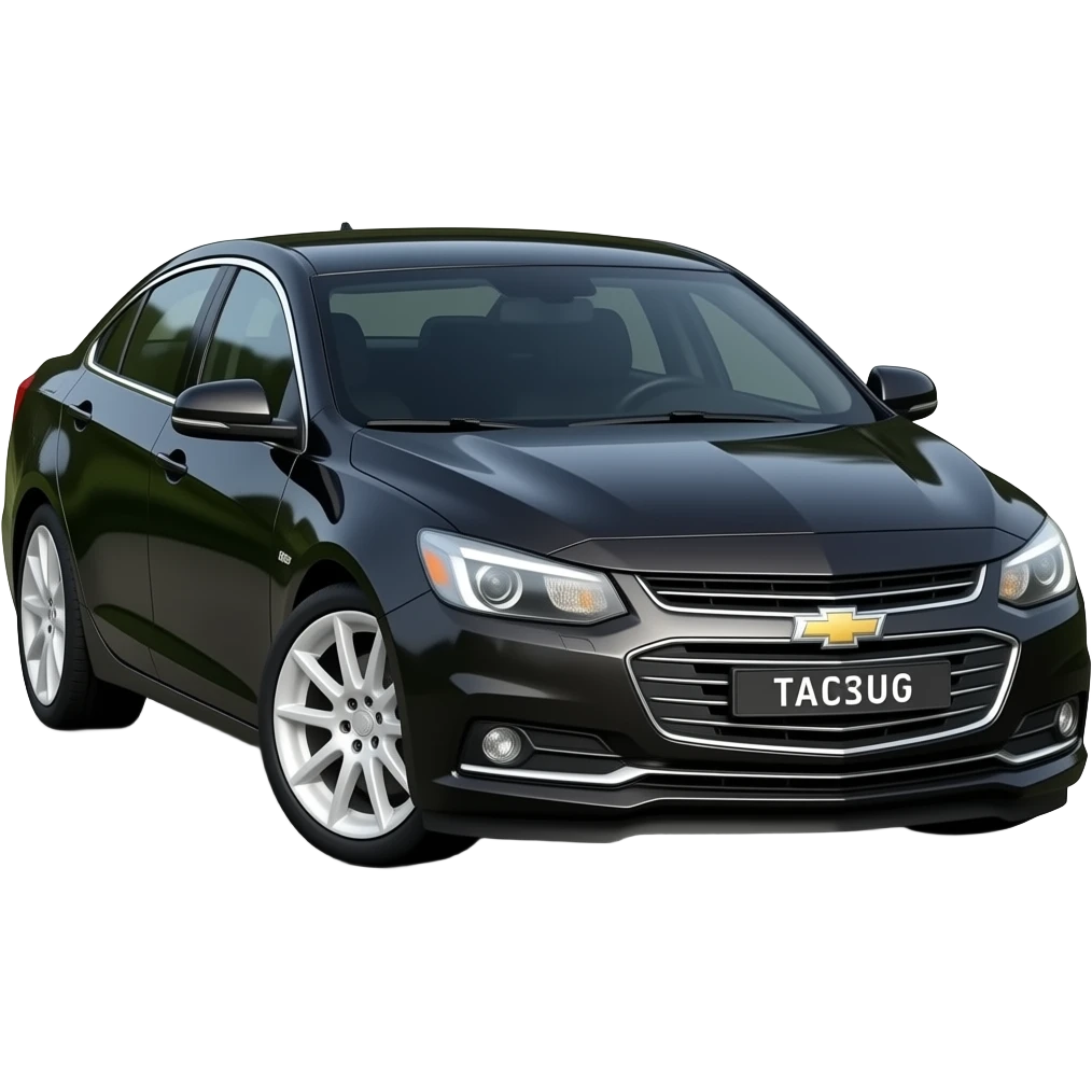 A realistic, high-detail photograph of a glossy black Chevrolet Malibu 2 Turbo Premier sedan with tinted windows, glowing white alloy rims, and bright LED white headlights emitting a dinamic brighting glowing effect. emoji