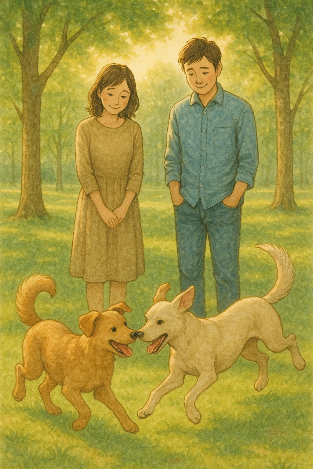 Vertical format: A man and woman in a park, watching two dogs playing happily together, the couple smiling shyly, atmosphere of learning and hope. emoji