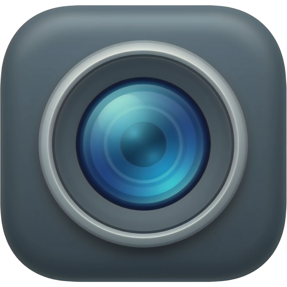 A premium Apple-style 3D emoji icon of video editing, featuring a sleek dark gray video camera with a glossy blue lens emoji
