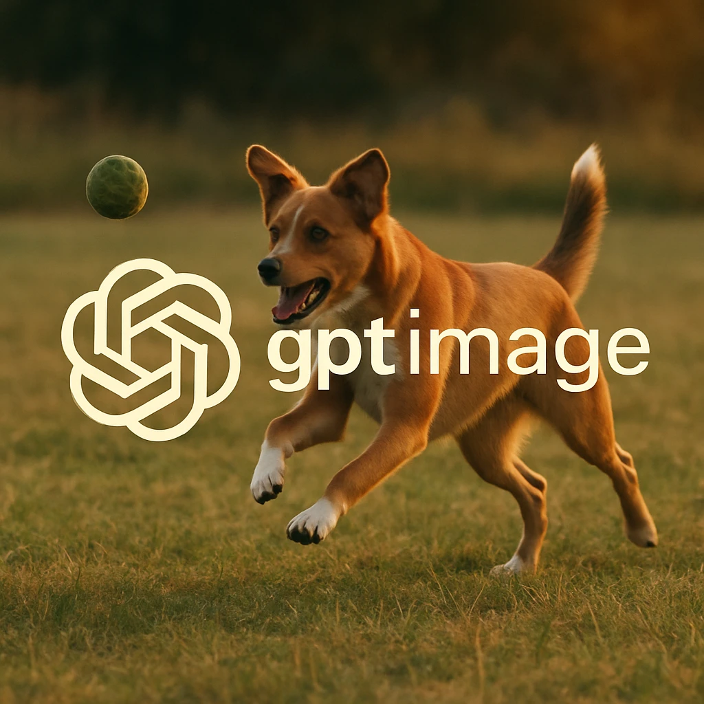  logo of chat gpt with text "gpt image" on the background of a dog chasing ball, realistic image emoji