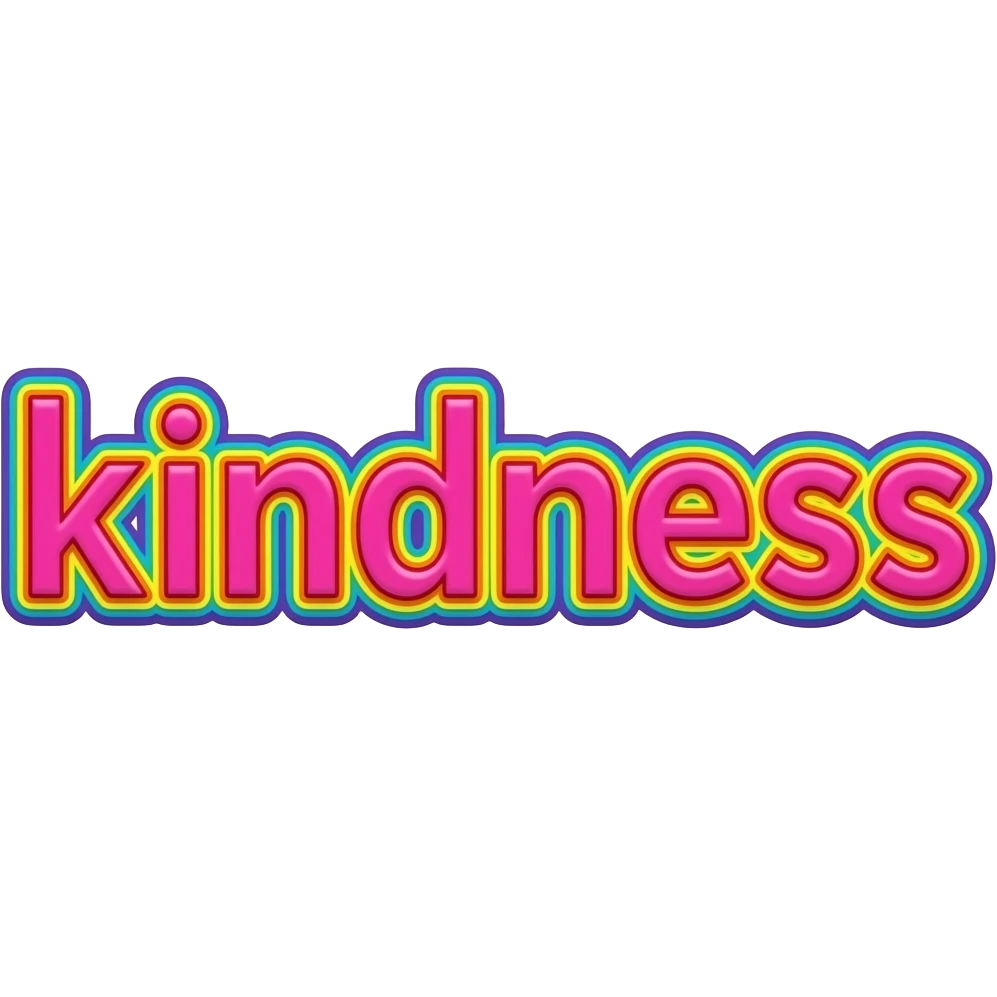 name "kindness" in pink, 3D style typography lettering, each color of the rainbow as a border outlined around each letter, isolated, 3d rendering, no emoji icons no emoji faces and must have no human figures emoji