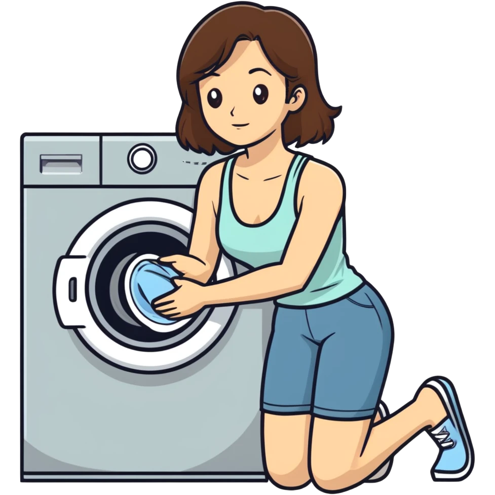 Caucasian woman with brown hair and huge boobs wearing a tank top kneeling next to washer and dryer emoji