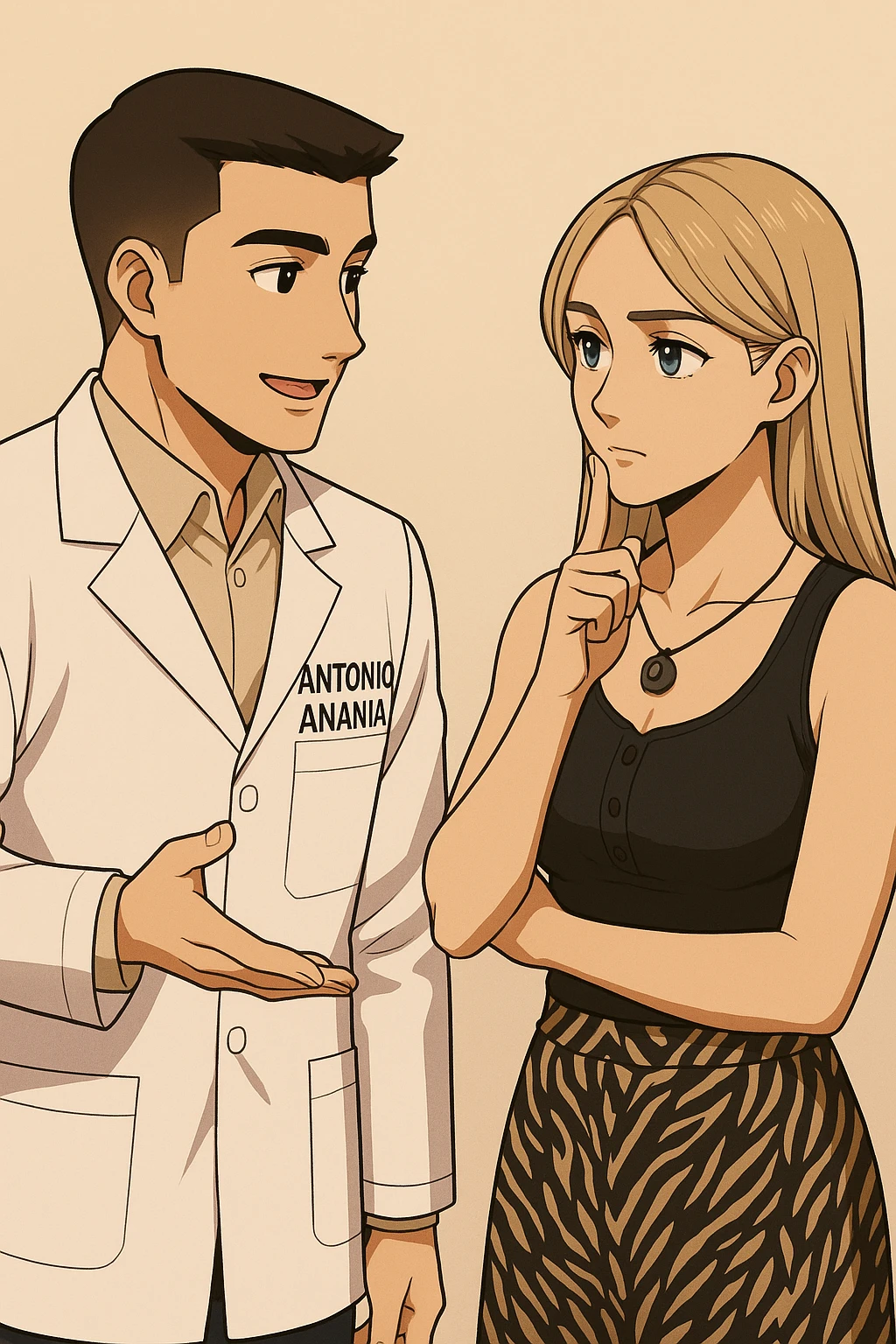 fai un webtoon/manga a colori con questo kinesiologo in camice bianco (fagli la scritta "ANTONIO ANANIA" SUL CAMICE) CHE PARLA CON QUESTA RAGAZZA CON GLI OCCHI AZZURRI. la ragazza HA UN DITO SUL MENTO MENTRE PENSIEROSA gli fa una domanda e IL KINESIOLOGO CON IL CAMICE BIANCO LE risponde. NON FARE I FUMETTI, FAI SOLO LORO COME SE DIALOGASSERO emoji