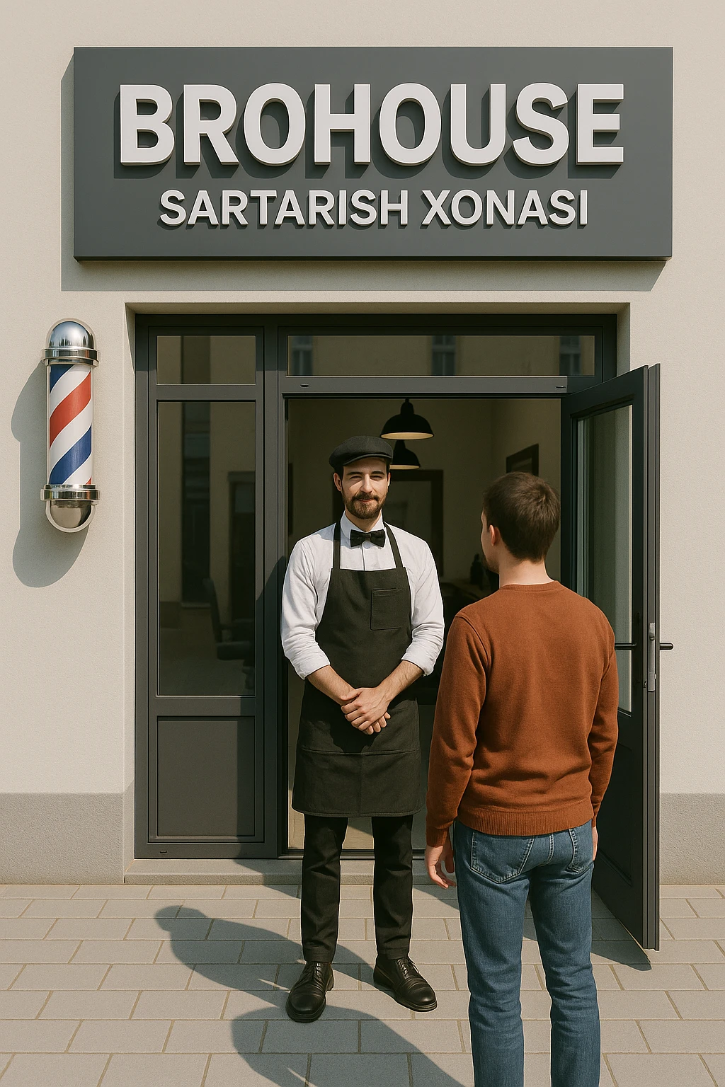 eni shu rasimga boyagi sartaosh oka eshik oldida tursin va tashqarida esa mijoz emoji